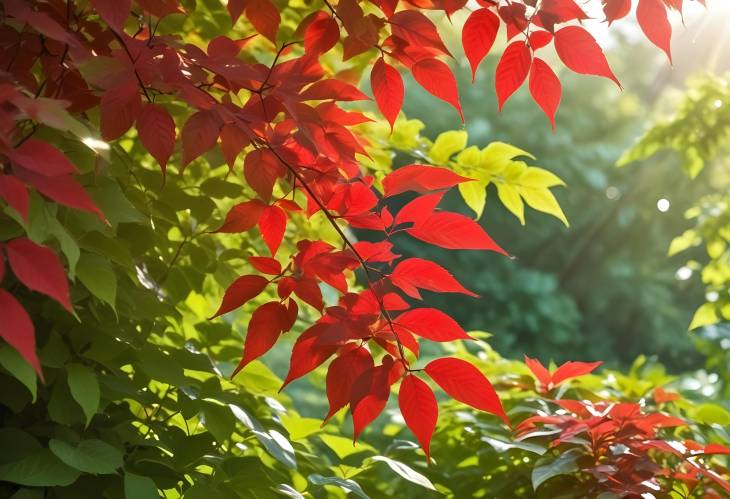 Vibrant Red Leaves Amidst Fresh Greenery Lush Scene Bathed in Sparkling Sunlight