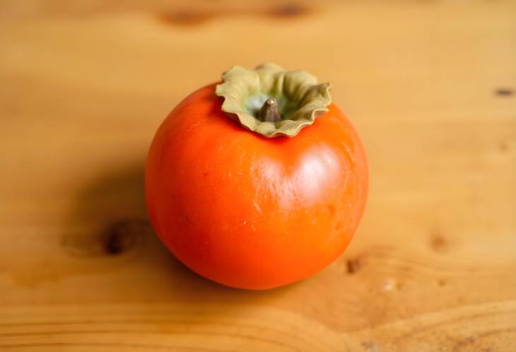 Vibrant ripe persimmon, also known as dateplum, on wooden background, a local seasonal favorite