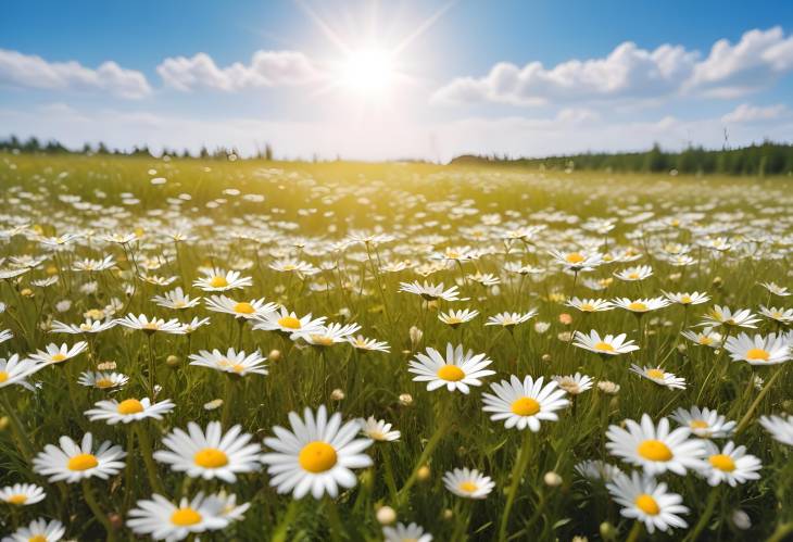 Vibrant Spring Summer Meadow with Daisies and Wildflowers  Sunlit Panoramic View Against Blue Sky,