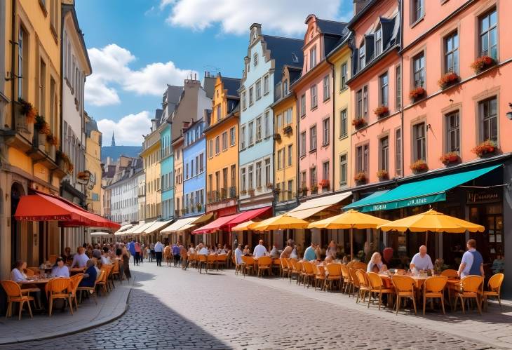 Vibrant Street Scene in Historic European City with Colorful Buildings, Bustling Cafes, and Cobbles