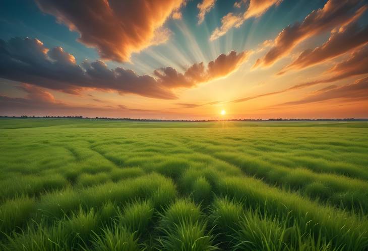 Vibrant Summer Landscape Green Field, Horizon, Textured Sunset Sky and Sun