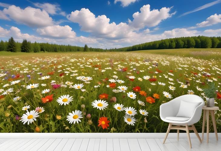 Vibrant Summer Meadow with Daisies Against Blue Sky and Clouds