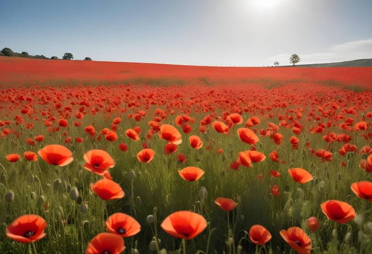 Vibrant Sunlit Poppy Field with Red Flowers Gently Swaying in the Breeze Beneath a Clear Sky