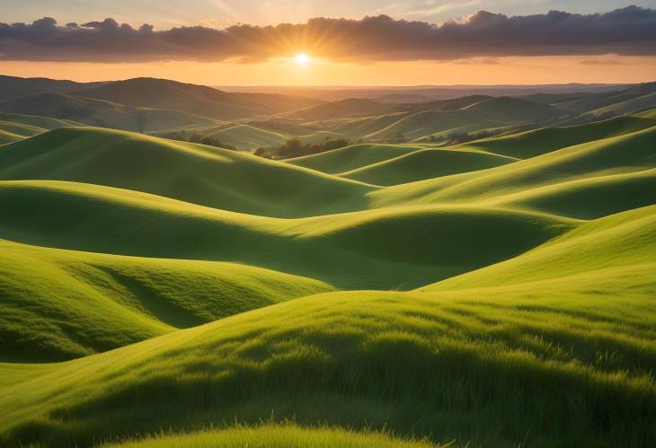 Vibrant Sunset Over Lush Green Hills and Shadows