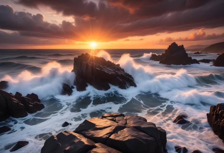 Vibrant Sunset Over Ocean with Crashing Waves on Rugged Rocks