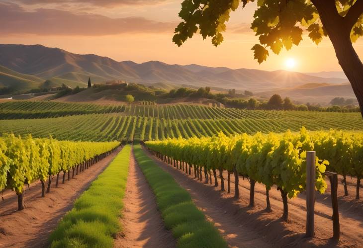 Vibrant Sunset Over Vineyard with Rows of Grapevines and Rolling Hills