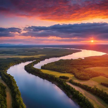 Vibrant Sunset Over Wide River Beautiful Sunrise Reflections