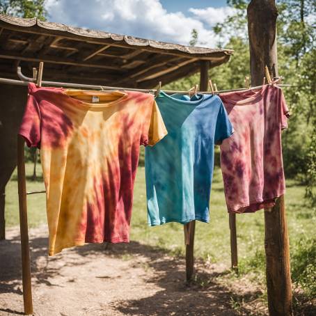 Vibrant Tie Dyed T Shirts Drying in the Sun on a Clothes Bar