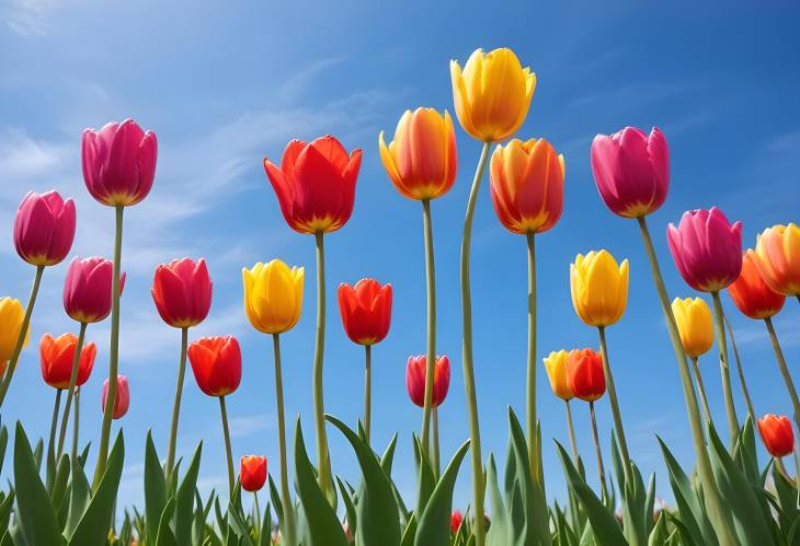 Vibrant Tulips in Garden Fresh Blooming Tulips with Blue Sky Background, Spring Flower Display