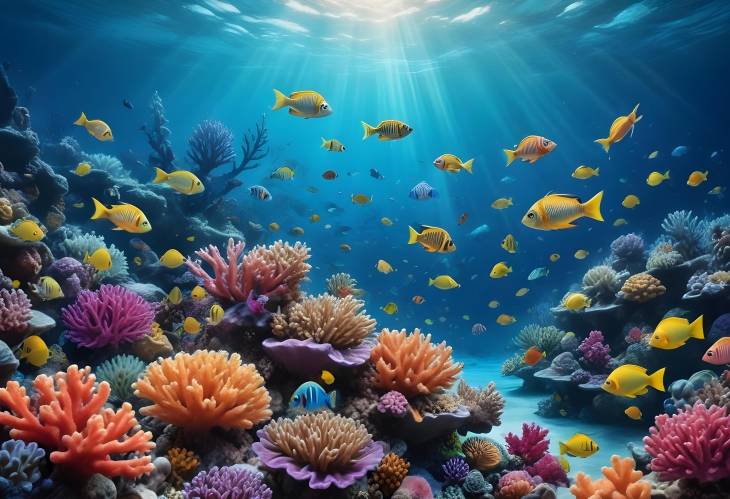 Vibrant Underwater Scene Featuring Playful Fish and Diverse Coral Reefs with Bright Colors