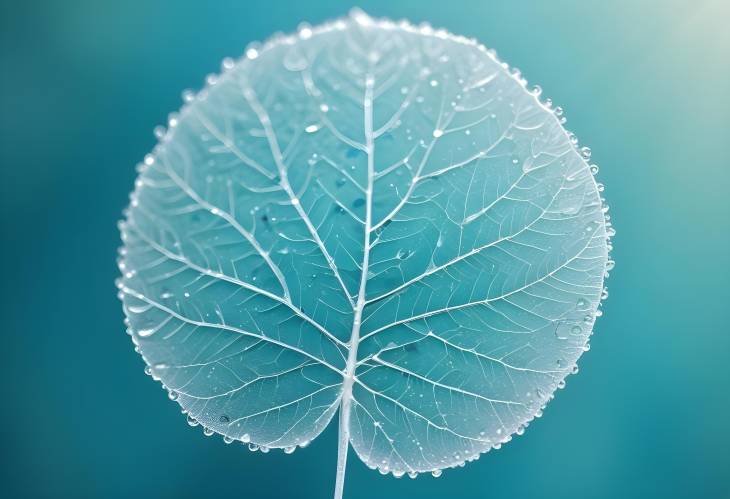 Vibrant White Skeleton Leaf with Dew on Turquoise Glass Background and Circular Bokeh Effect