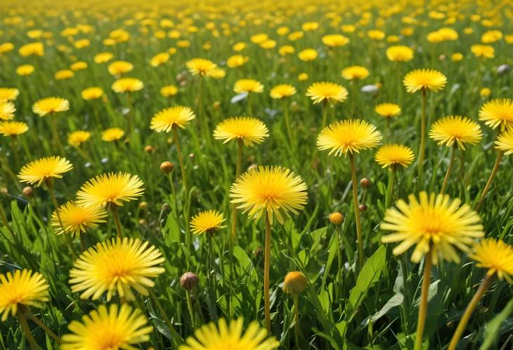 Vibrant Yellow Dandelions in Summer Meadow Under Blue Sky