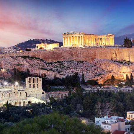 View of Parthenon at Sunset Panoramic Old Town Athens Scene