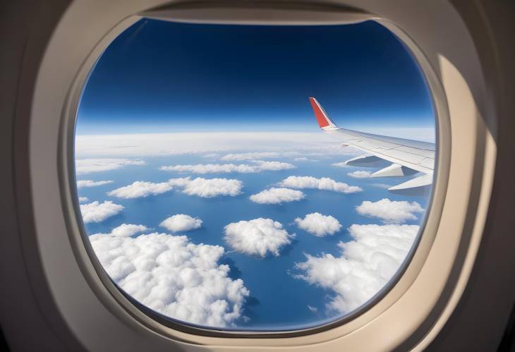 View Through Airplane Window Capturing the Sky, Clouds, and Horizon on a Journey Above the World