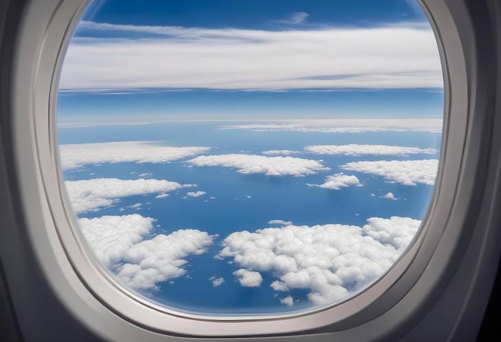 View Through Airplane Window Flying Above Clouds and Landscape, Capturing the Sky Beauty