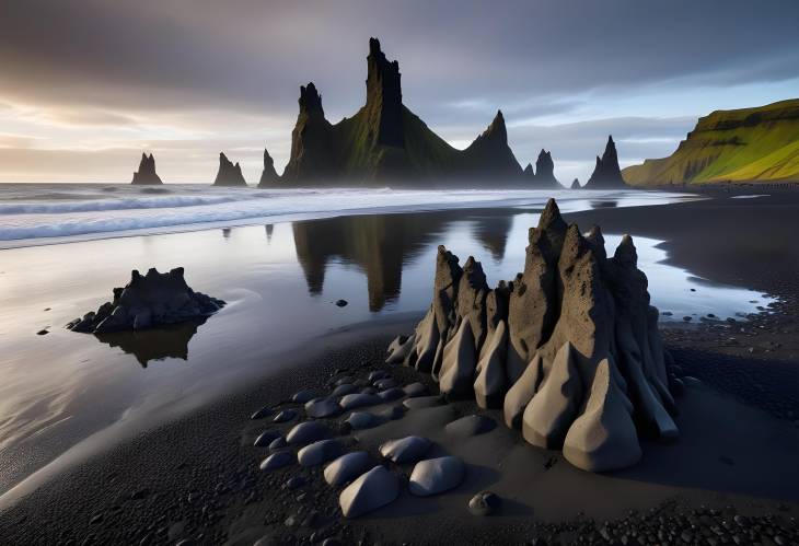 Vik Iceland Reynisdrangar Troll Toes Basalt Rock Formations on Black Sand Beach