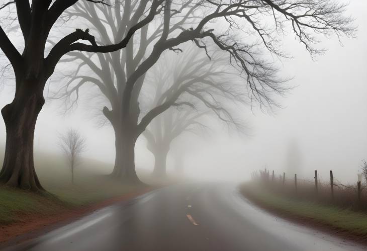 Village Road with Gentle Curve, Fog, and Lush Green Trees