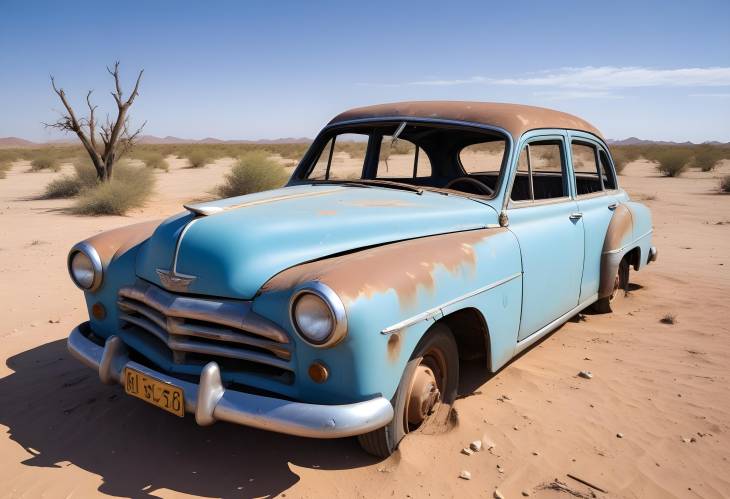 Vintage Abandoned Car in Solitaire Desert, Namibia with Clear Blue Sky