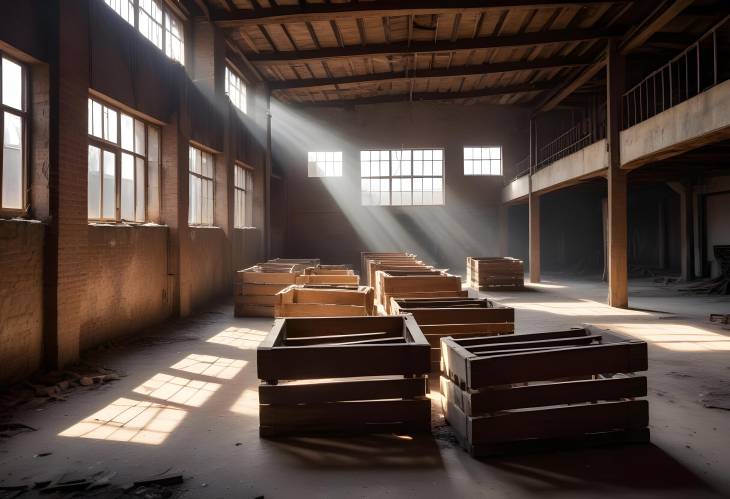 Vintage Abandoned Warehouse Sunlit Wooden Crates and Rustic Beams