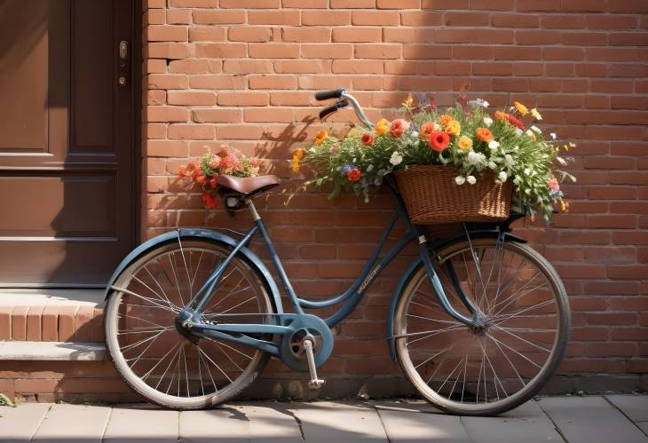 Vintage Bicycle Leaning Against a Brick Wall with a Basket Full of Fresh Flowers and a Sunlit Alley