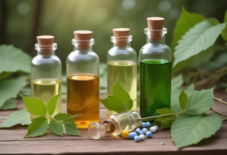 Vintage Bottles Holding Homeopathy Globules and Green Leaves