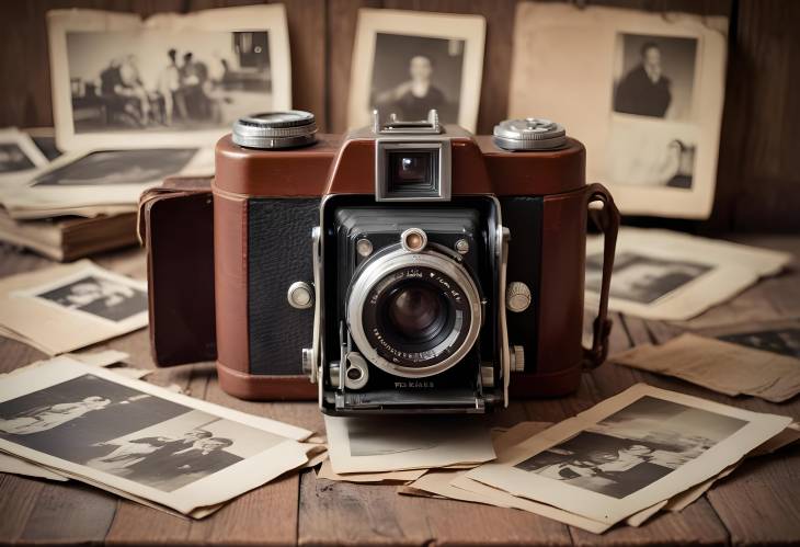 Vintage Camera and Wooden Table with Surrounding Old Photos Nostalgic Appeal