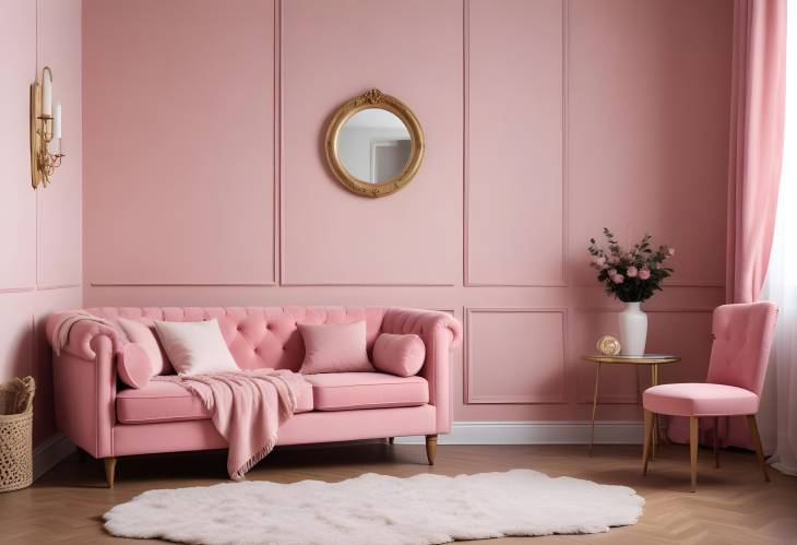 Vintage Elegance Pink Sofa with Pillows and Blanket in Glamorous Living Room, Vintage Cupboard