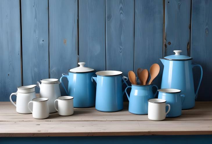 Vintage Enamelware on a Kitchen Table with a Charming Blue Wall