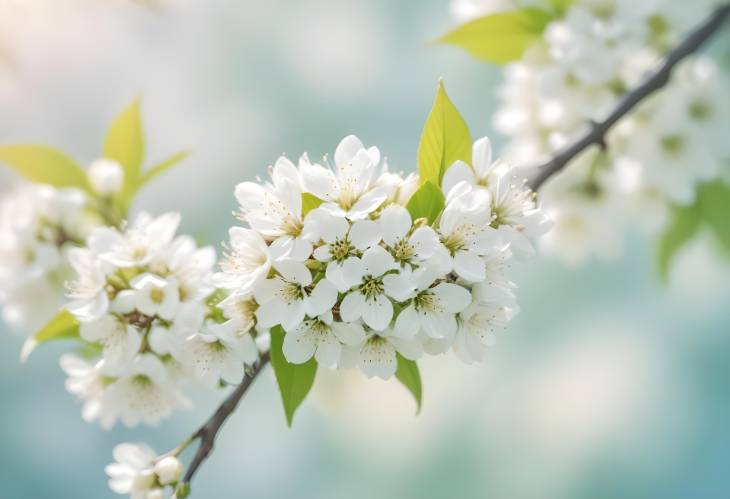 Vintage Light Blue Pastel Spring Scene with Soft Focus Bird Cherry Blossoms