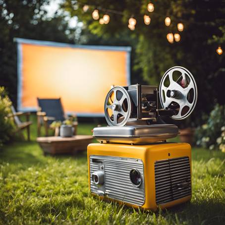 Vintage Outdoor Cinema Setup with Retro Projector in the Garden