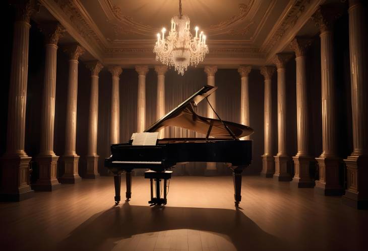 Vintage Stage Setup with Backstage, Decorative Columns, and Old Grand Piano Lit by Lights