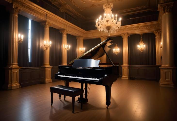 Vintage Stage with Backstage, Decorative Columns, and Old Grand Piano Illuminated by Stage Lights