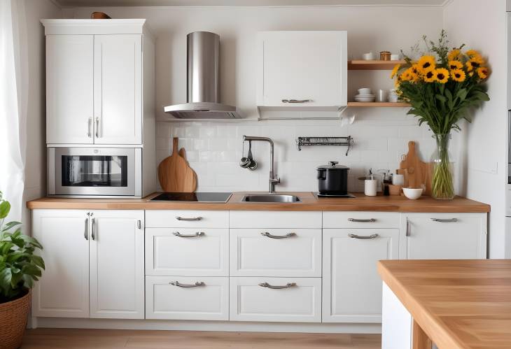 Vintage Style Kitchen with White Cabinets, Wooden Countertop, and Modern Appliances