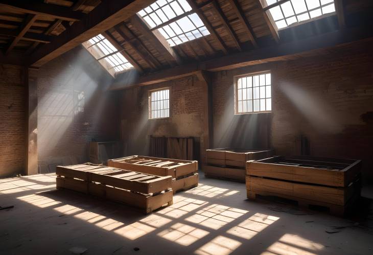 Vintage Warehouse Interior Sunlit Wooden Crates and Rustic Beams