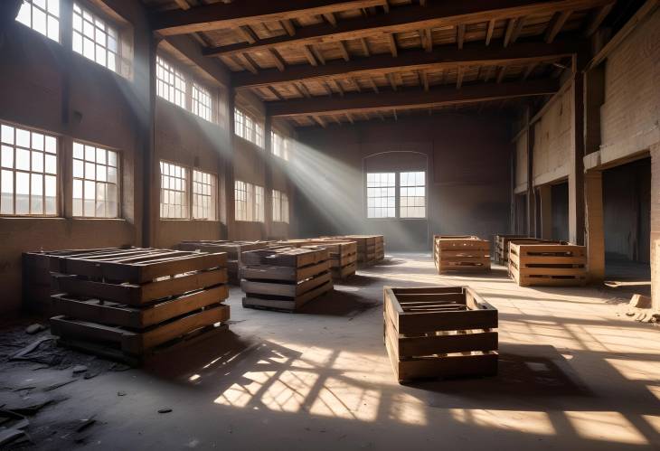 Vintage Warehouse Interior with Sunlit Crates and Rustic Beams