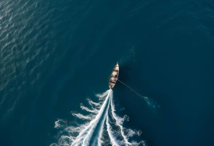 Vintage Wooden Boat Floating in Coral Sea with Fisherman Casting a Net