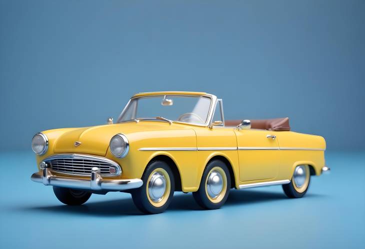 Vintage Yellow Toy Cabriolet Model with Blue Background, Miniature Car Side Profile