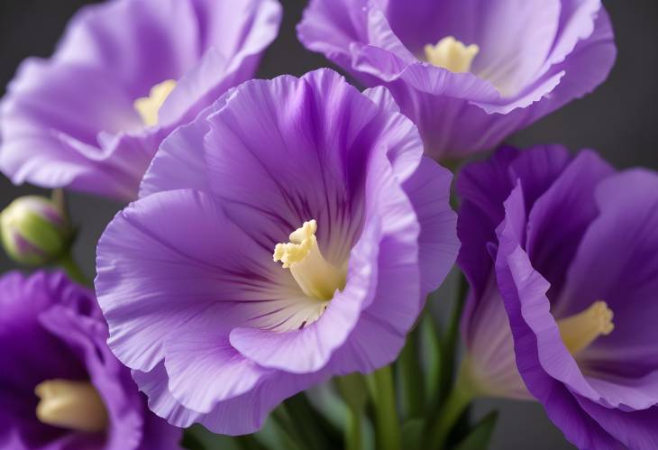 Violet Eustoma Flowers in Macro View with Detailed Petal Textures and Rich Hues