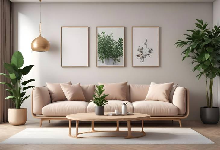 Virtual 3D Furniture Arrangement Stylish Sofa and Plant Design in Modern Interior Space