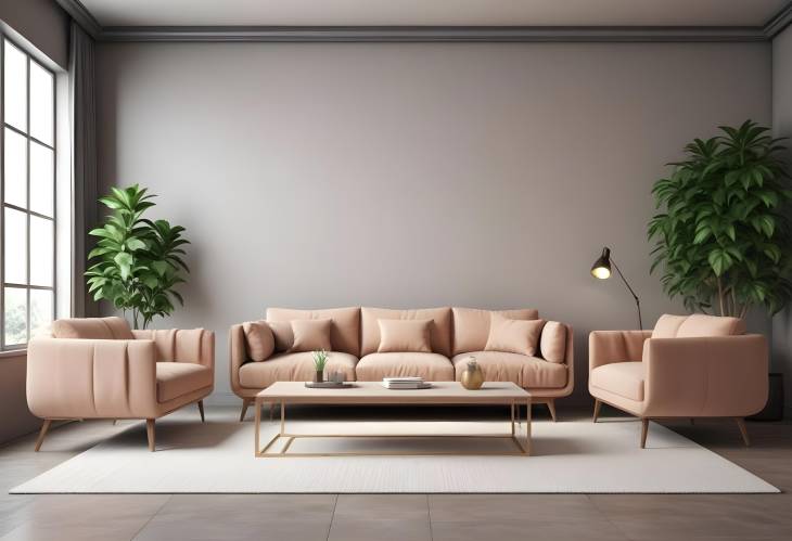 Virtual Interior 3D Rendering Sofa and Plant Set in Modern Design with Clean Aesthetics