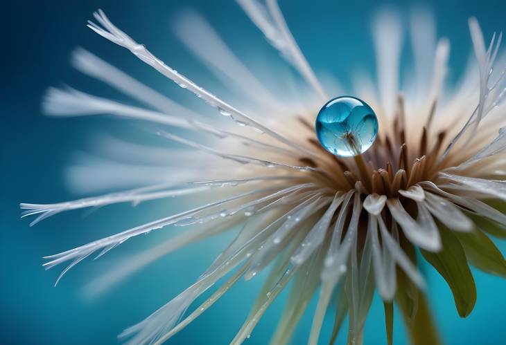 Vivid Macro of Water Drop on Dandelion Seed with Blue and Turquoise Background