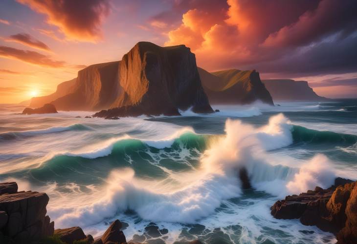 Vivid Sunset Behind Crashing Waves and Coastal Cliffs