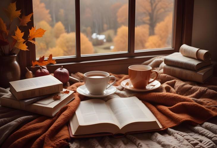 Warm and Cozy Autumn Vibes Blankets, Books, and a Steaming Cup of Tea