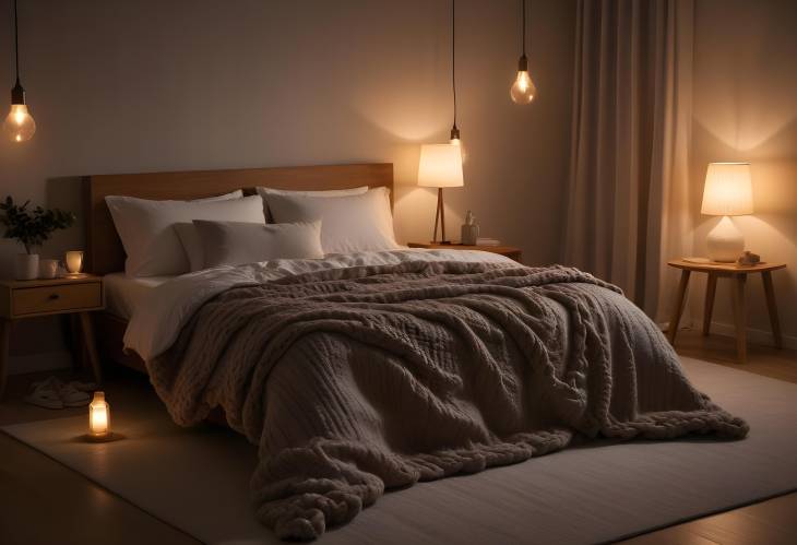 Warm and cozy bedroom with knitted plaid, glowing lamps, and soft lighting, perfect for a serene ni