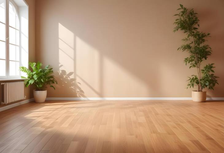 Warm and Cozy Room with Sunlight and Leaf Shadows Empty Background for MockUp on Wooden Parquet