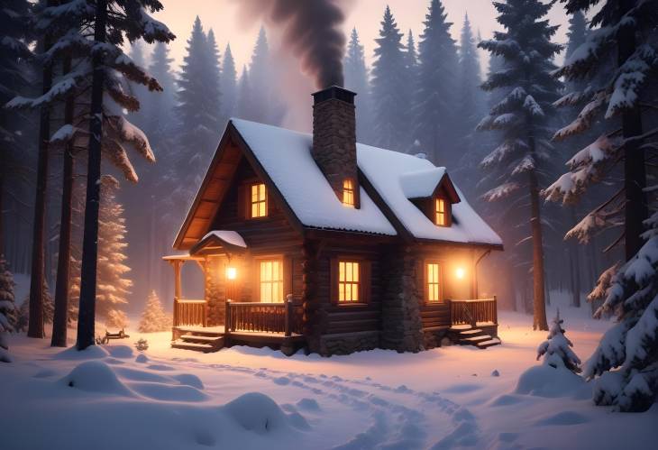 Warm and Cozy Winter Cabin Smoke from Chimney, Snowfall, and Inviting Glow Inside