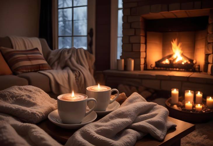 Warm and Cozy Winter Night by the Fireplace with Hot Cocoa, Fuzzy Wool Blankets, and a Glowing Fire