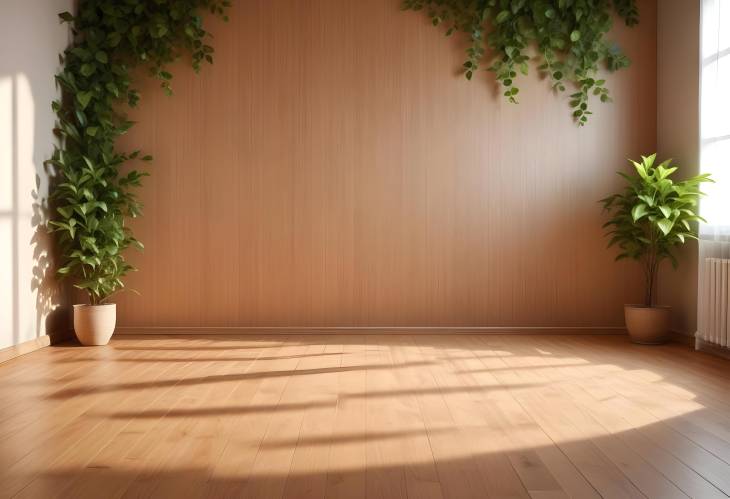 Warm and Inviting Room with Sunlight and Leaf Shadows Empty Space on Wooden Parquet Floor for Mockup