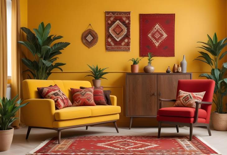 Warm and Stylish Living Room Interior with Kilim Rug, Wooden Sideboard, and Red Armchair