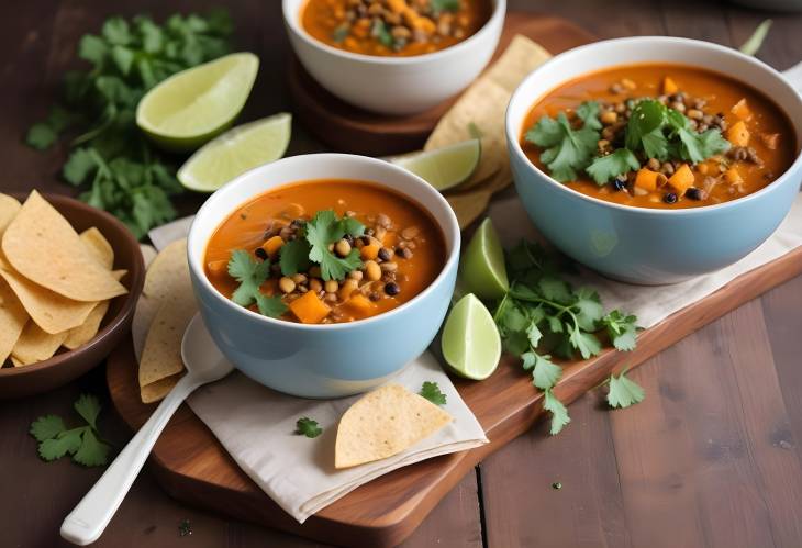 Warm Bowls of Smoky Sweet Potato and Lentil Tortilla Soup with Cilantro and Lime